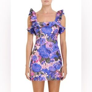 Zimmermann High Tide Frilled Mini Dress in Purple Ikat floral print